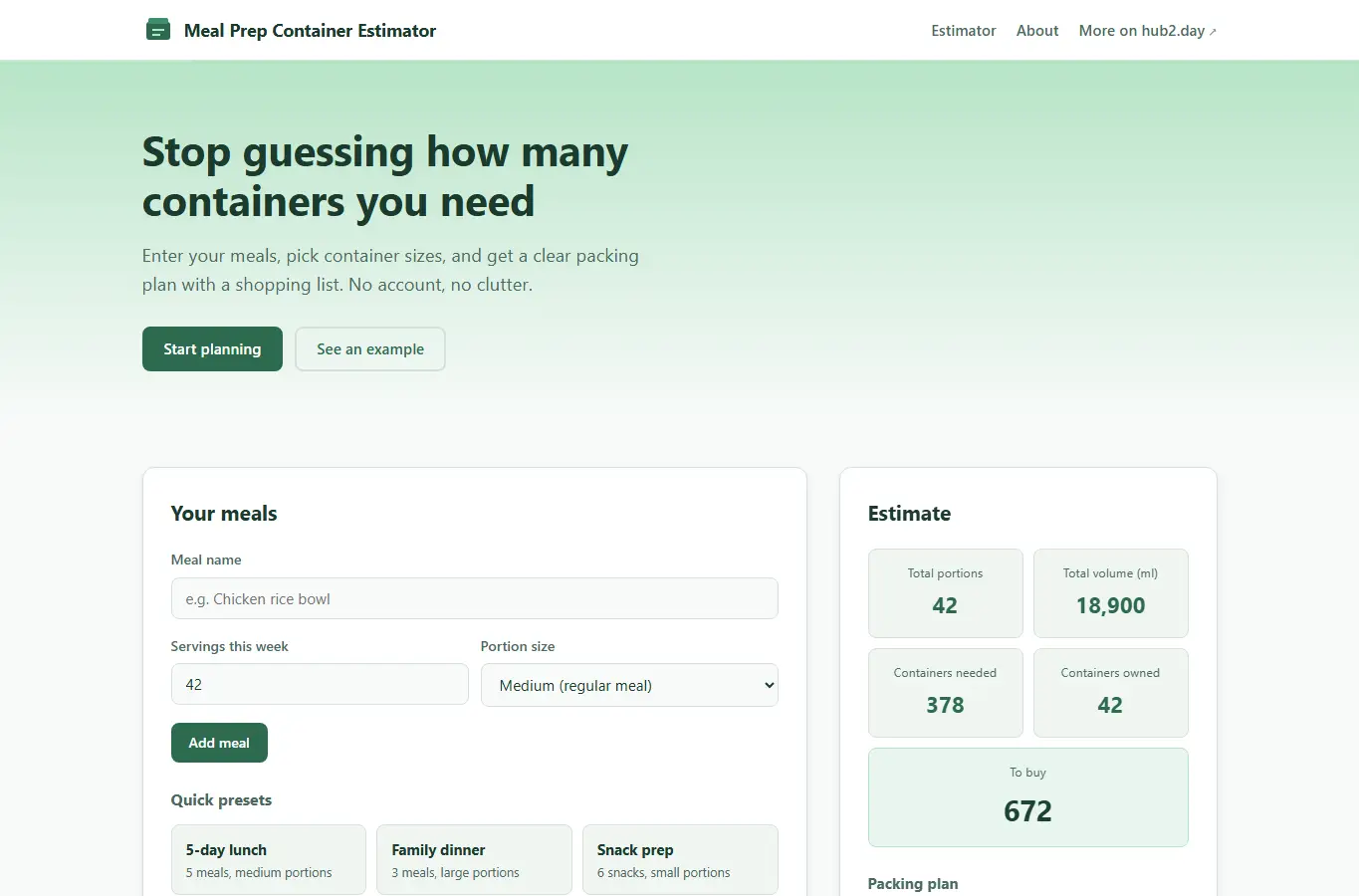 Screenshot of Meal Prep Container Estimator interface showing the project page in use
